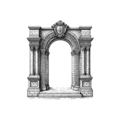 Classical arch gate engraving illustration, drawn in an engraved, woodcut style with fine details sketch engraving vector illustration. Scratch board imitation. Black and white image. flat vector