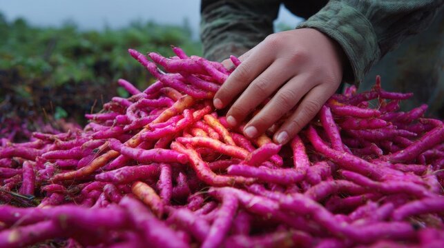 Person's hand reaching for a pile of pink carrots. the carrots are arranged in a circular pattern and are overlapping each other.