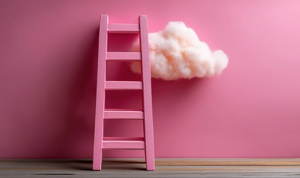 A pink step ladder leans against a pink wall, leading to a fluffy cloud, evoking dreams of growth