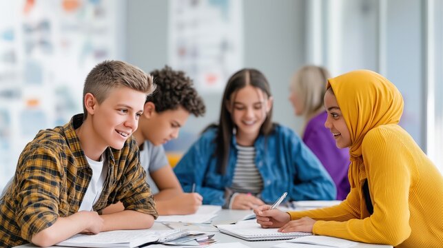 Four diverse teen students engage in teamwork at a bright classroom table, sharing ideas and notes