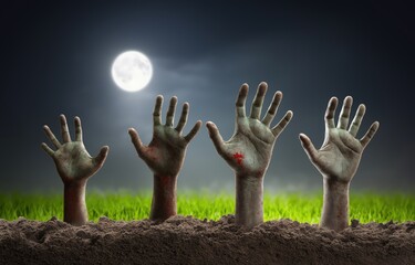 From the dark earth, hands rise towards the moonlit sky, evoking themes of life after death and the mysteries of existence as shadows halloween