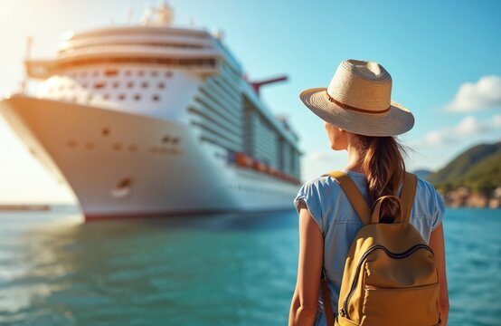 Woman with backpack and hat looks at large cruise ship by blue ocean water. She is ready for vacation voyage. Tropical island hills rise in background.