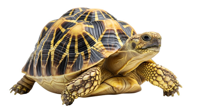 Indian star tortoise with distinctive patterned shell on transparent background