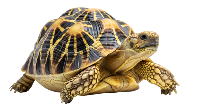 Indian star tortoise with distinctive patterned shell on transparent background