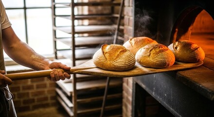 Baker pulling fresh bread from wood-fired oven in bakery, Freshly baked sourdough bread  