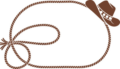 Western cowboy hat with decorative lasso rope loop in brown vector style for ranch design, rodeo themes, and country graphics
