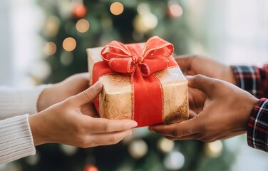 A young man and woman joyfully share a beautifully wrapped Christmas gift in a festive setting