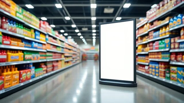 Blank digital screen in a supermarket aisle with shelves of products motion animated video
