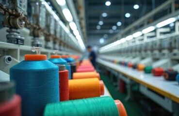 Colorful thread spools arranged on a conveyor belt in a textile factory. A worker operates an automatic embroidery machine in the background, involved in textile production.
