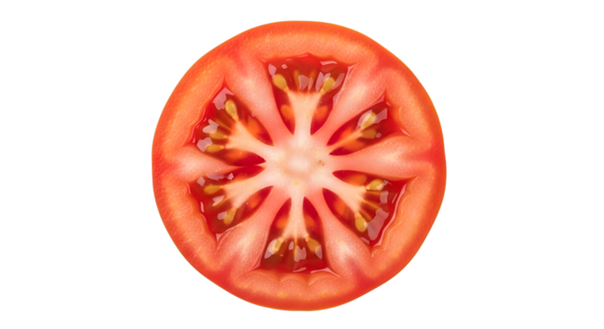Close up cross section of a ripe red tomato on transparent background