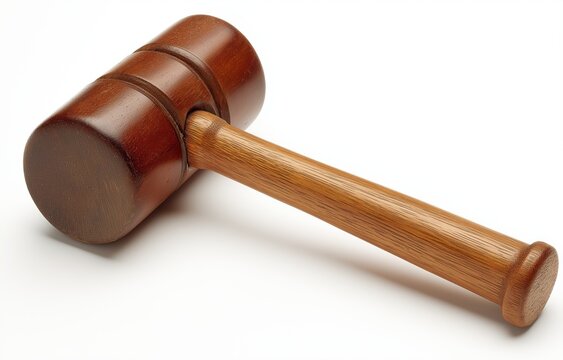 A wooden hammer rests on a clean white surface.
