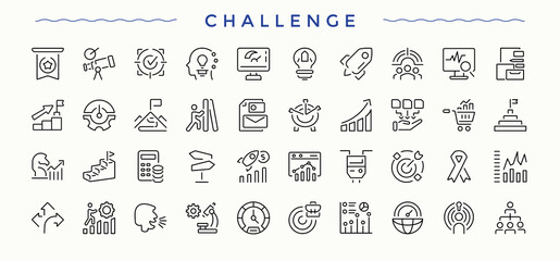 Challenge icon set. UI icons set in a thin style. Contains related to strategy, performance, target, development, work, success, difficulty. Vector illustration. Difficulty icon set.