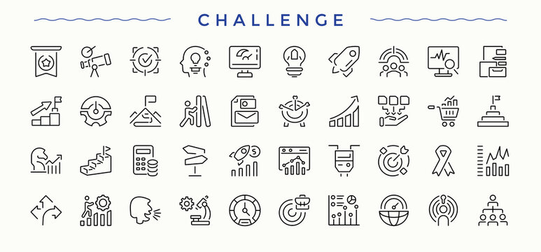 Challenge icon set. UI icons set in a thin style. Contains related to strategy, performance, target, development, work, success, difficulty. Vector illustration. Difficulty icon set.