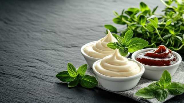 Two small bowls filled with ketchup and mayonnaise sit on a linen napkin against a dark slate background, perfect for condiment advertising