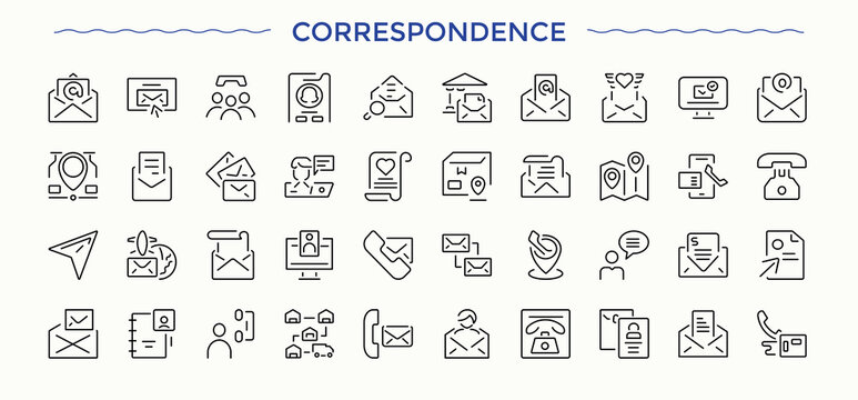E-Mail And Letter icon set. Minimal icons set. Featuring message, e-mail, newsletter, envelope, paper, letter, document. Editable vector stroke. Envelope icon set in linear style.