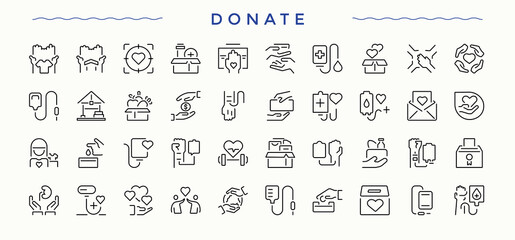 Donation line icon set. Assist icon pack. Contains related to cooperation, humanitarian, assist, giving, charity, volunteer and more. Editable vector art and illustration.