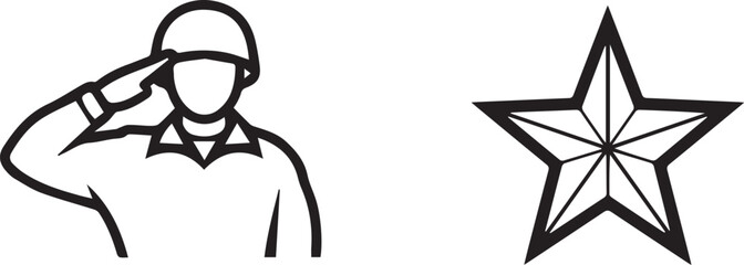 Saluting soldier icon with military star emblem. simple black and white line art depicting army personnel showing respect. Vector
