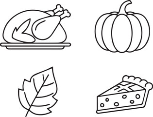 Thanksgiving holiday themed outline icons including a roasted turkey, pumpkin, autumn leaf, and a delightful slice of pie. Vector