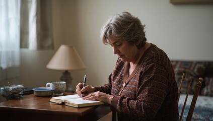 Elderly Woman Writing in Notebook at Home During Peaceful Afternoon