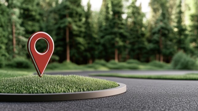 A vibrant red location pin stands prominently on a green patch of grass beside a winding asphalt road surrounded by lush trees in a blurred backdrop