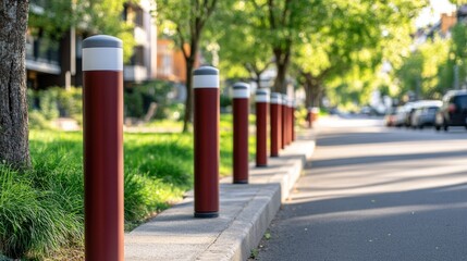 Naklejka premium Red and white traffic bollards line a newly asphalted street in a residential area undergoing development on a clear day
