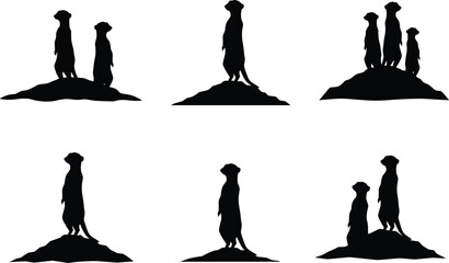 Meerkat silhouette collection, wild animal standing on mound illustration, desert wildlife vector art, group of meerkats watching landscape