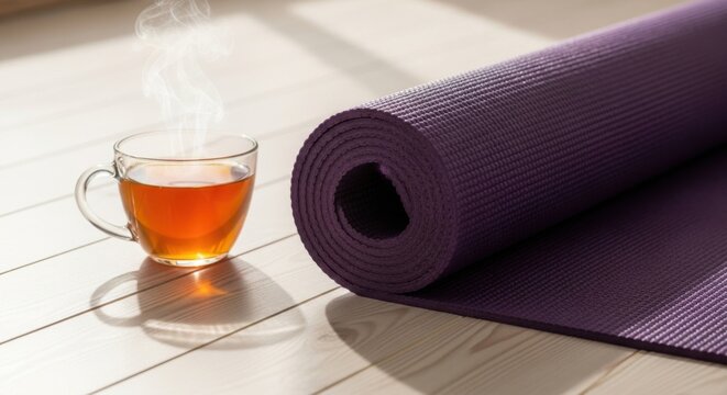 A cup of steaming tea next to a rolled purple yoga mat on a light wooden floor in soft sunlight