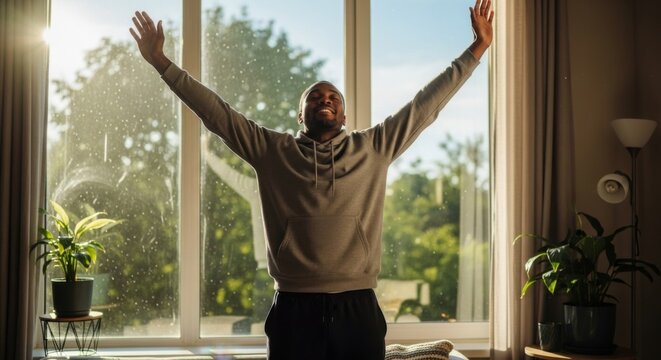 Man in hoodie with arms raised standing in front of a window with plants and natural light shining through it