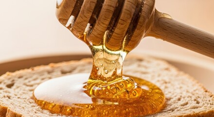Honey dripping from a wooden dipper onto a slice of bread creating a golden sweet breakfast treat