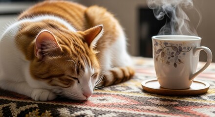 Ginger cat sleeping near a steaming cup of coffee on a patterned tablecloth in soft morning light