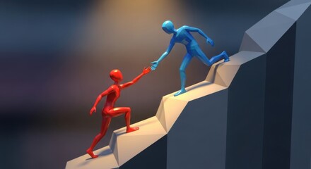 A blue figure helping a red figure climb a polygonal staircase in a stylized illustration