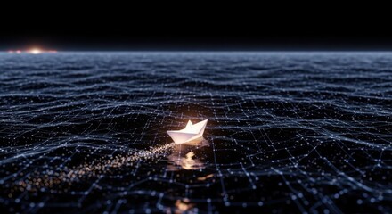 Paper boat sailing on a digital ocean with a dark sky and a distant light on the horizon at night