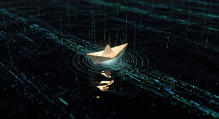 Paper boat floating on digital water with ripples and glowing lines in a dark environment