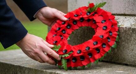 Person placing memorial wreath of red poppies on stone monument.  Poppy day great remembrance war world flanders 
