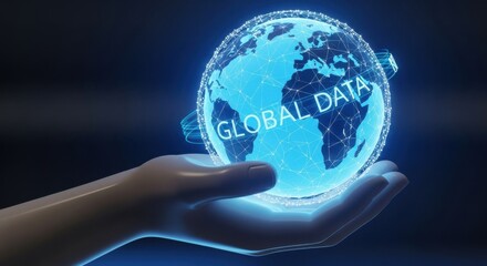 A hand holding a glowing blue globe with the words global data written across the surface of it