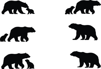 Bear and cub silhouette collection, wildlife animal vector illustration, mother bear with baby, forest animal design, nature graphic art set © Shuvo creative