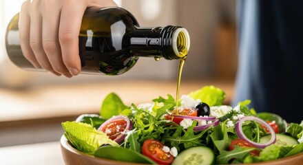Pouring olive oil from a dark glass bottle onto a fresh salad with tomatoes and feta cheese inside bowl