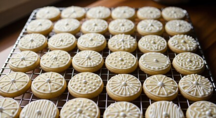 A high angle shot of many round cookies with white icing on a wire rack after baking and decorating