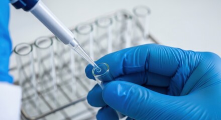Scientist adding liquid sample to test tube with pipette in laboratory for medical research work
