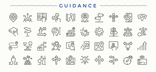 Guidance vector line icon set. Featuring collaboration, strategy, team, work, teamwork, leadership and more. Management modern icon set. Icons for UI designs. Editable vector stroke.