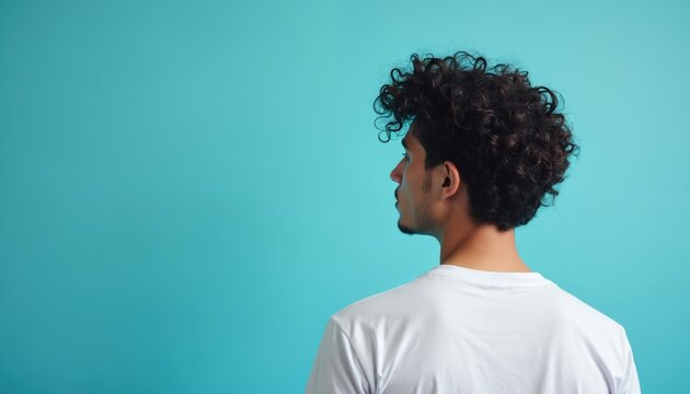 Young man with dark curly hair wears white t-shirt. Looks sideways in profile against bright blue background. Casual male fashion, thoughtful young guy stands alone. Modern youth portrait, studio