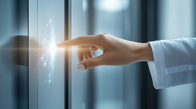 A woman's hand reaches out to touch a digital lock on the wall in a stylish interior space, emphasizing modern security technology