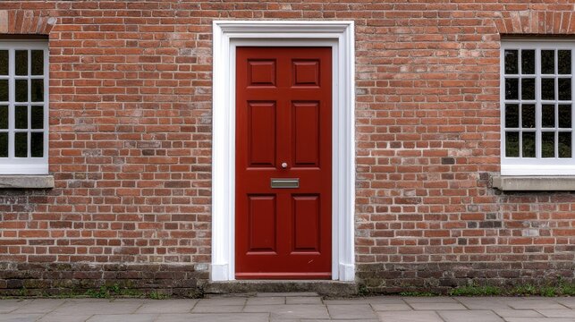 The red front door stands out against the old brick wall, framed by white columns with windows on both sides, showcasing classic architecture