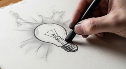 Hand drawing a light bulb with a charcoal stick on white paper creating a shaded effect around it