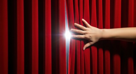 A hand opening a red velvet curtain to reveal a bright light shining through the opening space