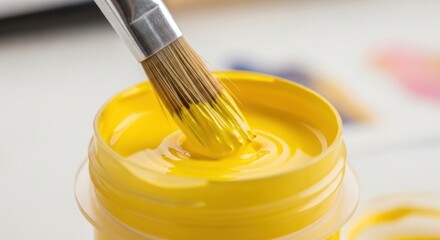 Close up of a paintbrush dipped into a jar of bright yellow paint ready for an art project use