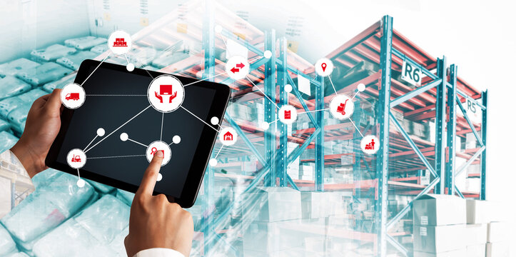 Smart warehouse management system with innovative internet of things technology to identify package picking and delivery . Future concept of supply chain and logistic network business .