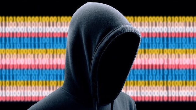 Hooded person is standing in front of a row of numbers. The hooded person is partially obscured by the numbers, creating a sense of mystery and intrigue. The image conveys a feeling of secrecy