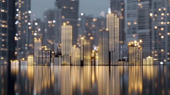 Digital artwork showcases stock market charts with abstract shapes and a vibrant cityscape background glowing in warm tones at night