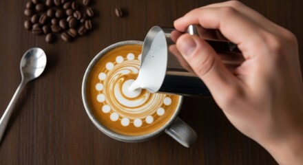 Pouring milk into coffee cup creating latte art with beans and spoon on wooden surface view from above